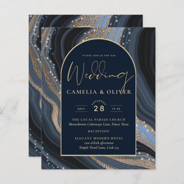 LeahG Navy Blue Guld Agate STARRY NIGHT Bröllop (Fram/baksida)