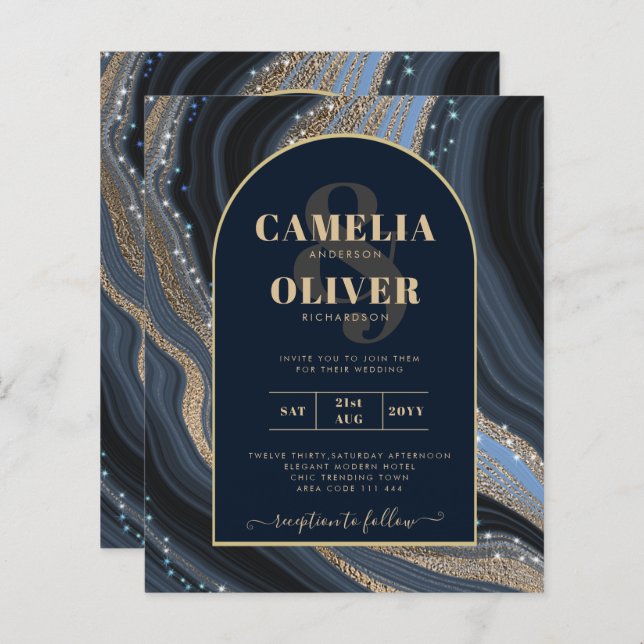 LeahG Navy Blue Guld Agate STARRY NIGHT Bröllop (Fram/baksida)