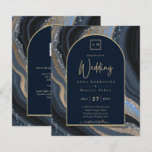 LeahG Navy Blue Guld Agate STARRY NIGHT Bröllop