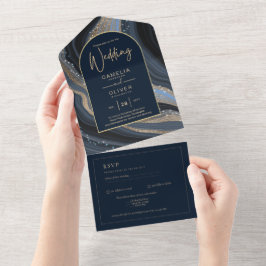 LeahG Navy Blue Guld Agate STARRY NIGHT Bröllop