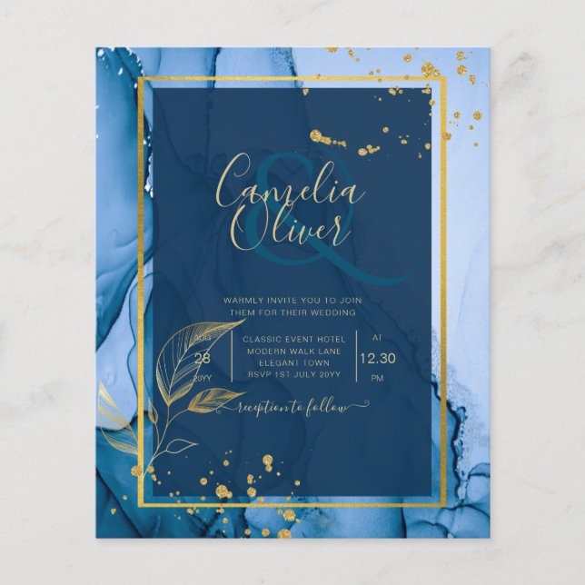 LeahG® Navy Blue Guld Alcohol Bläck Bröllop Flygblad (Framsidan)