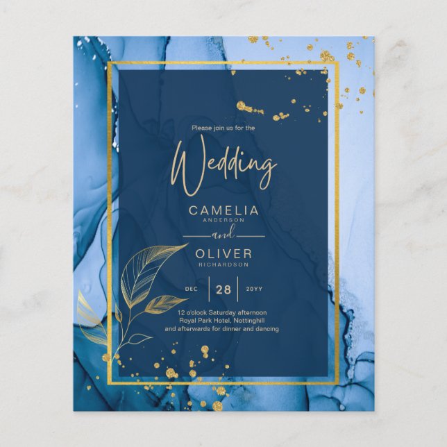 LeahG® Navy Blue Guld Alcohol Bläck Bröllop Flygblad (Framsidan)