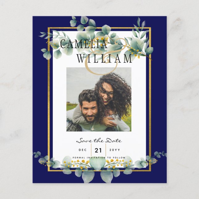 LeahG NAVY BLUE GULD Greenery Eucalyptus Bröllop Flygblad (Framsidan)