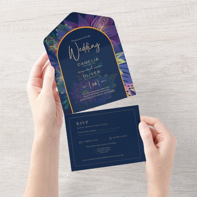 LeahG Navy Lila Guld JEWEL TONES Wedding INVITE (Tearaway)