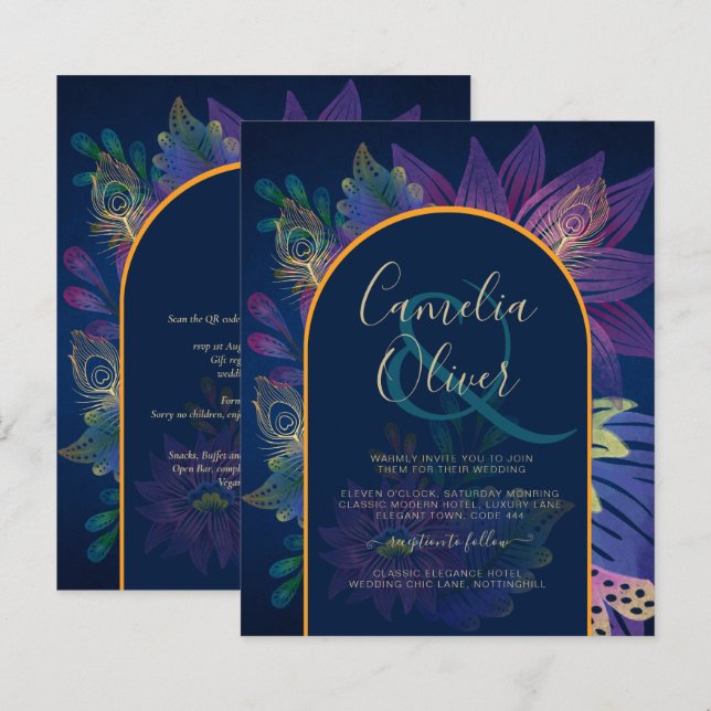 LeahG Navy Lila Guld JEWEL TONES Wedding INVITE (Fram/baksida)