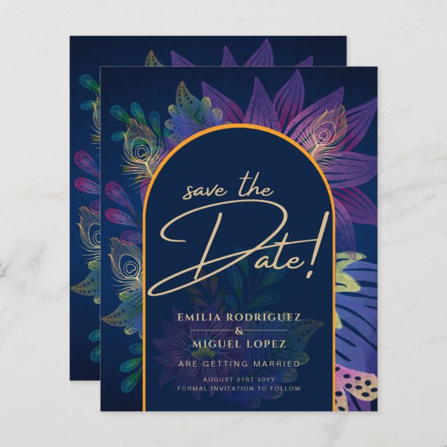 LeahG Navy Lila Guld JEWEL TONES Wedding INVITE (Fram/baksida)
