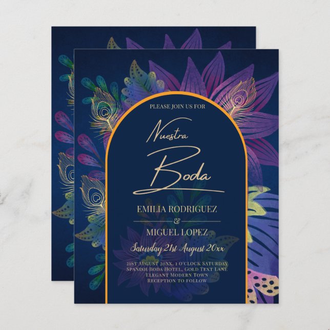 LeahG Navy Lila Guld JEWEL TONES Wedding INVITE (Fram/baksida)