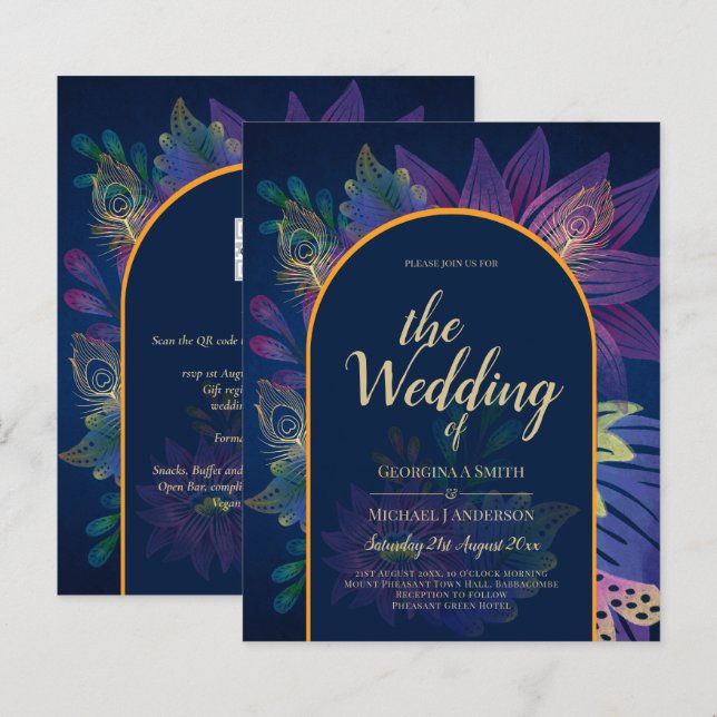 LeahG Navy Lila Guld JEWEL TONES Wedding INVITE (Fram/baksida)