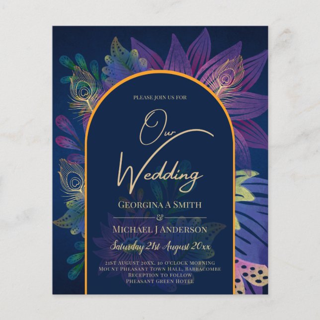 LeahG Navy Lila Guld JEWEL TONES Wedding INVITE Flygblad (Framsidan)
