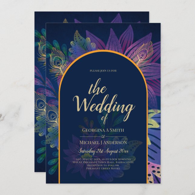 LeahG Navy Lila Guld JEWEL TONES Wedding INVITE Inbjudningar (Fram/baksida)