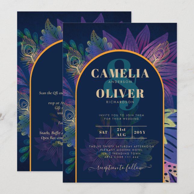 LeahG Navy Lila Guld JEWEL TONES Wedding INVITE Inbjudningar (Fram/baksida)