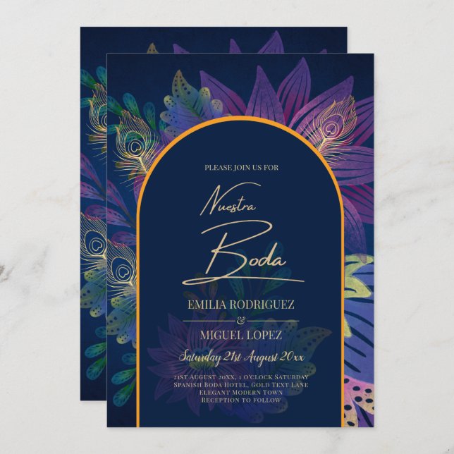 LeahG Navy Lila Guld JEWEL TONES Wedding INVITE Inbjudningar (Fram/baksida)