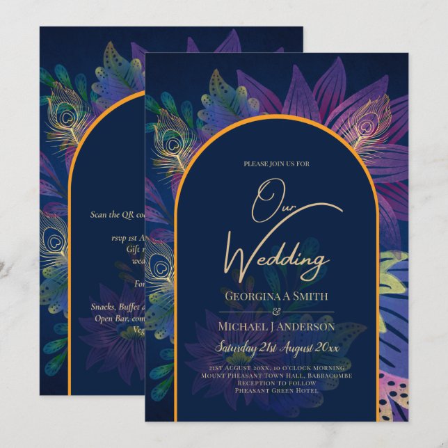 LeahG Navy Lila Guld JEWEL TONES Wedding INVITE Inbjudningar (Fram/baksida)