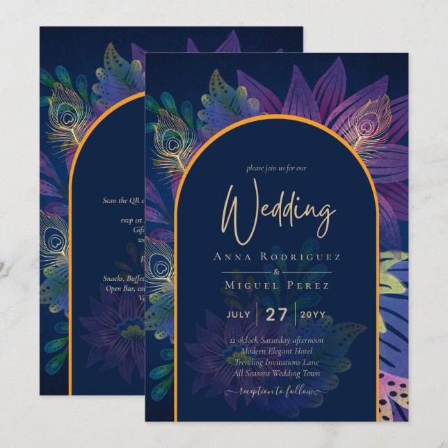 LeahG Navy Lila Guld JEWEL TONES Wedding INVITE Inbjudningar (Fram/baksida)
