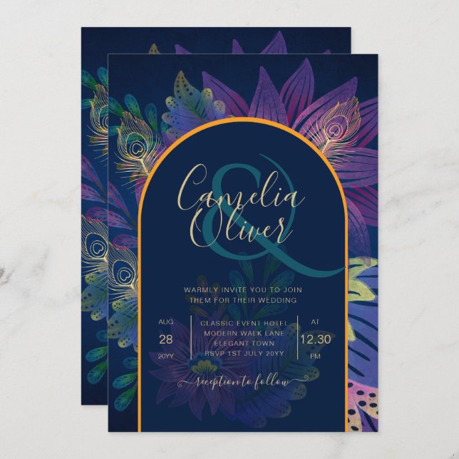 LeahG Navy Lila Guld JEWEL TONES Wedding INVITE Inbjudningar (Fram/baksida)