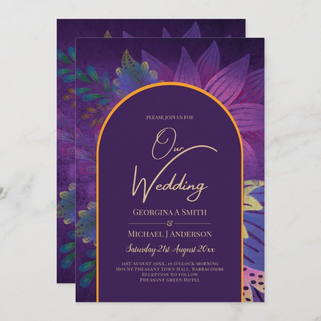 LeahG Plum Lila Guld JEWEL TONES bröllopsinbjudnin Inbjudningar (Fram/baksida)