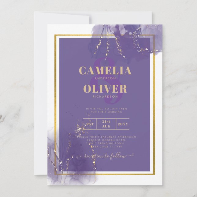 LeahG PURPUR GULD Bröllopslavendel ALKOHOLBLÄCK Inbjudningar (Framsida)