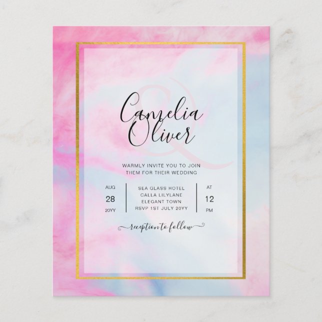 LeahG Rosa Aqua Blå Guld BLÄCK Bröllops INBJUDAN Flygblad (Framsidan)