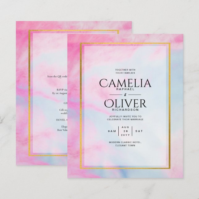 LeahG Rosa Aqua Blue Guld BLÄCK Wedding INVITE (Fram/baksida)