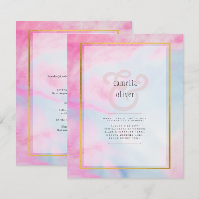 LeahG Rosa Aqua Blue Guld BLÄCK Wedding INVITE (Fram/baksida)