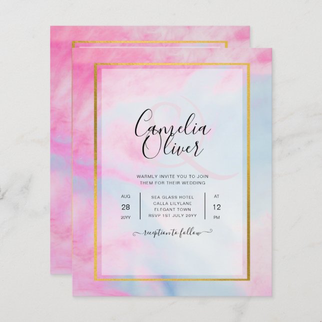 LeahG Rosa Aqua Blue Guld BLÄCK Wedding INVITE (Fram/baksida)