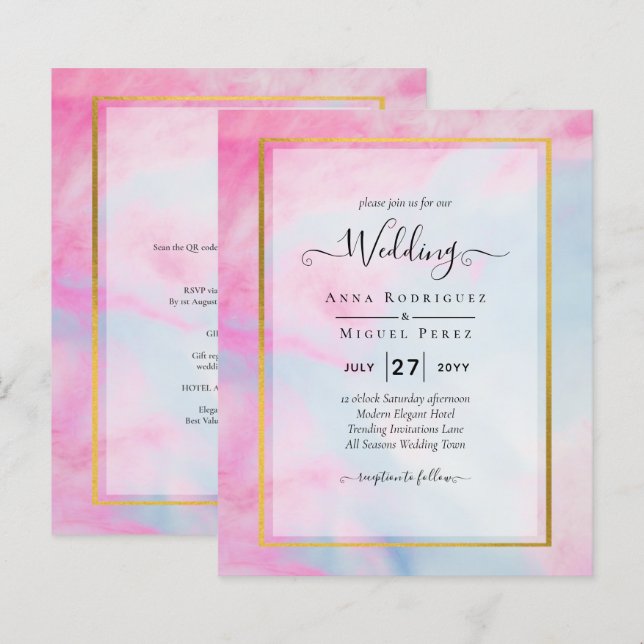 LeahG Rosa Aqua Blue Guld BLÄCK Wedding INVITE (Fram/baksida)