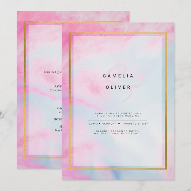 LeahG Rosa Aqua Blue Guld BLÄCK Wedding INVITE Inbjudningar (Fram/baksida)