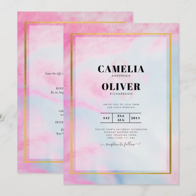 LeahG Rosa Aqua Blue Guld BLÄCK Wedding INVITE Inbjudningar (Fram/baksida)