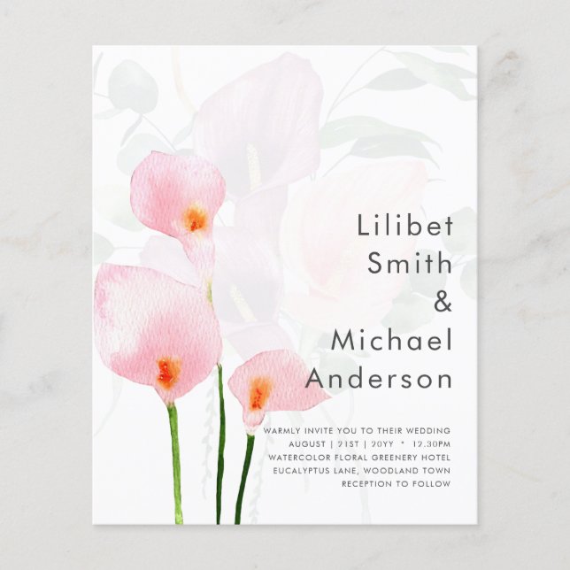 LeahG Rosa Calla Lili Blommig Bröllopsinbjudan all Flygblad (Framsidan)