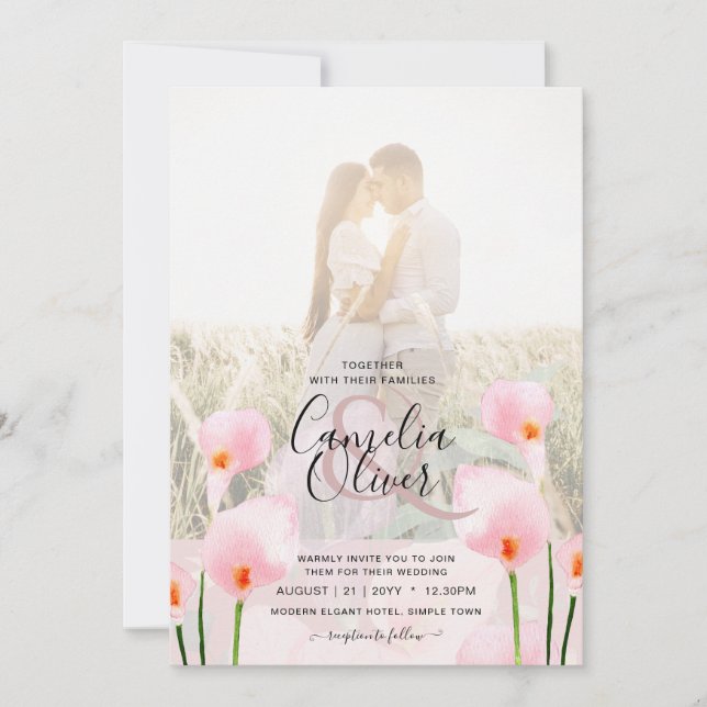 LeahG Rosa Calla Lily PHOTO Overlay bröllopsinbjud Inbjudningar (Framsida)