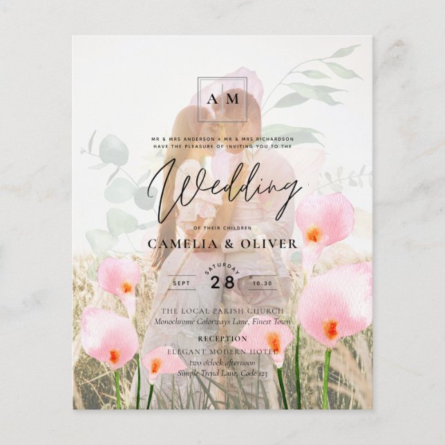 LeahG Rosa Calla Lily Photo Overlay Wedding Bjud i Flygblad (Framsidan)