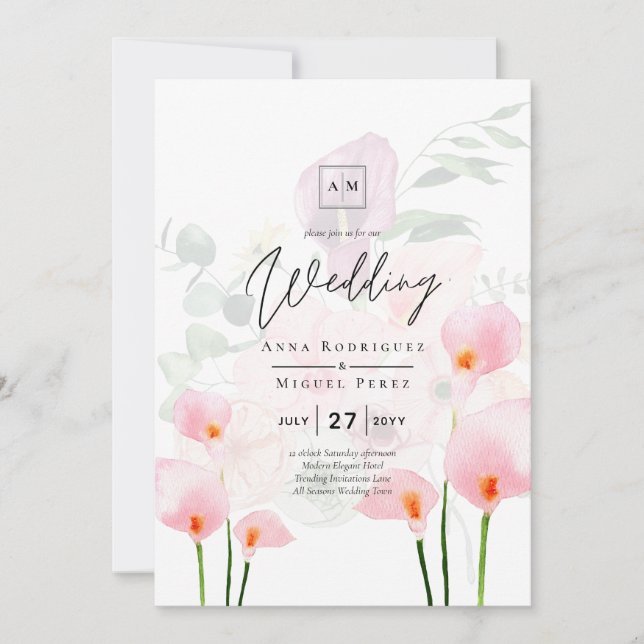 LeahG  Rosa Calla Lily Wedding Blommigt Inbjudningar (Framsida)