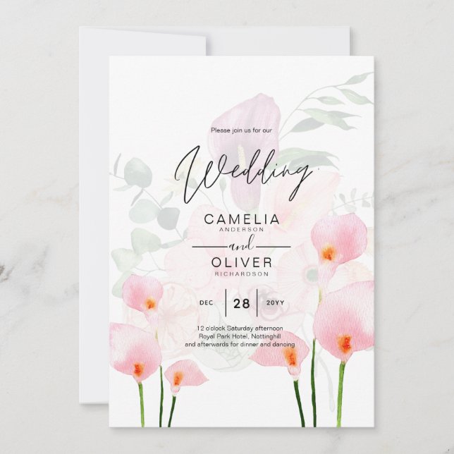 LeahG  Rosa Calla Lily Wedding Blommigt Inbjudningar (Framsida)