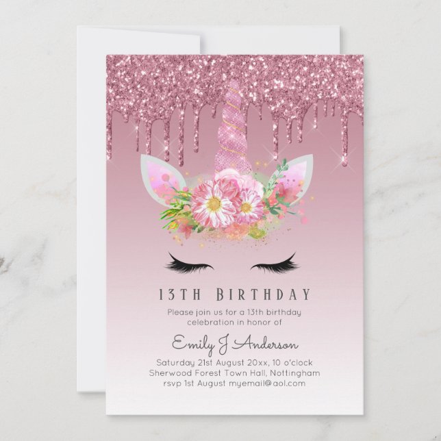 LeahG Rosa Glitter Unicorn Girls Birthday Inbjudan (Framsida)