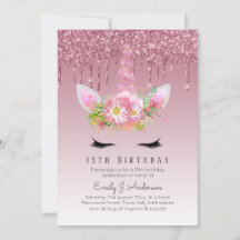 LeahG Rosa Glitter Unicorn Girls Birthday Inbjudan