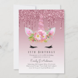 LeahG Rosa Glitter Unicorn Girls Birthday Inbjudan