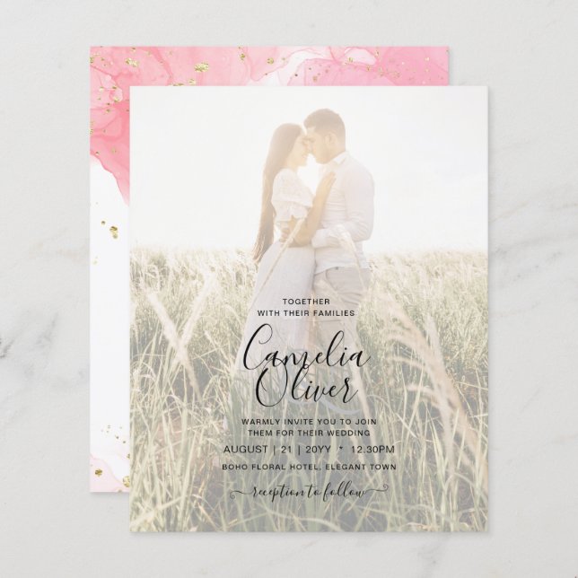 LeahG ROSA GULD BLÄCK Abstrakt  Wedding INVITE (Fram/baksida)