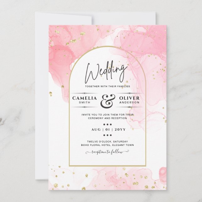 LeahG ROSA GULD BLÄCK Abstrakt  Wedding INVITE Inbjudningar (Framsida)