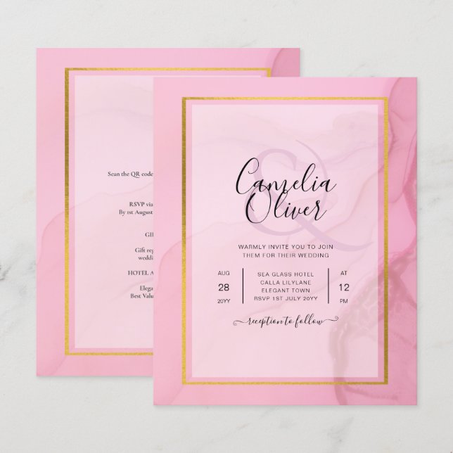 LeahG  Rosa Guld BLÄCK Ombre Wedding INVITE (Fram/baksida)