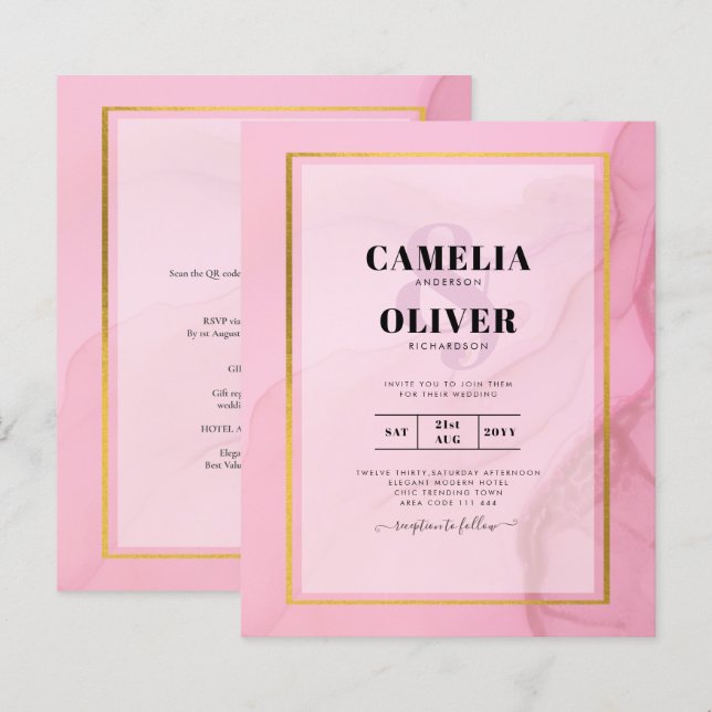 LeahG  Rosa Guld BLÄCK Ombre Wedding INVITE (Fram/baksida)