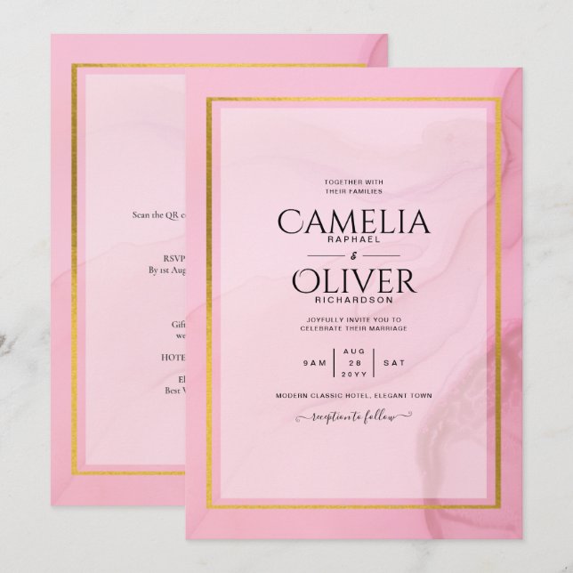 LeahG  Rosa Guld BLÄCK Ombre Wedding INVITE Inbjudningar (Fram/baksida)