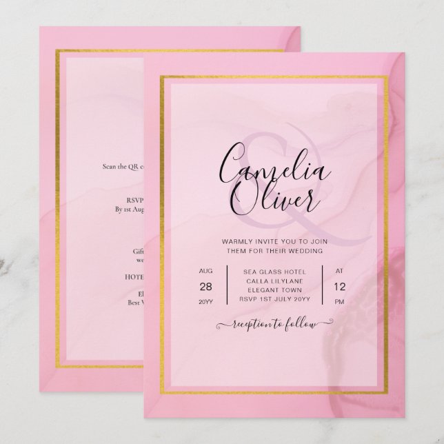 LeahG  Rosa Guld BLÄCK Ombre Wedding INVITE Inbjudningar (Fram/baksida)