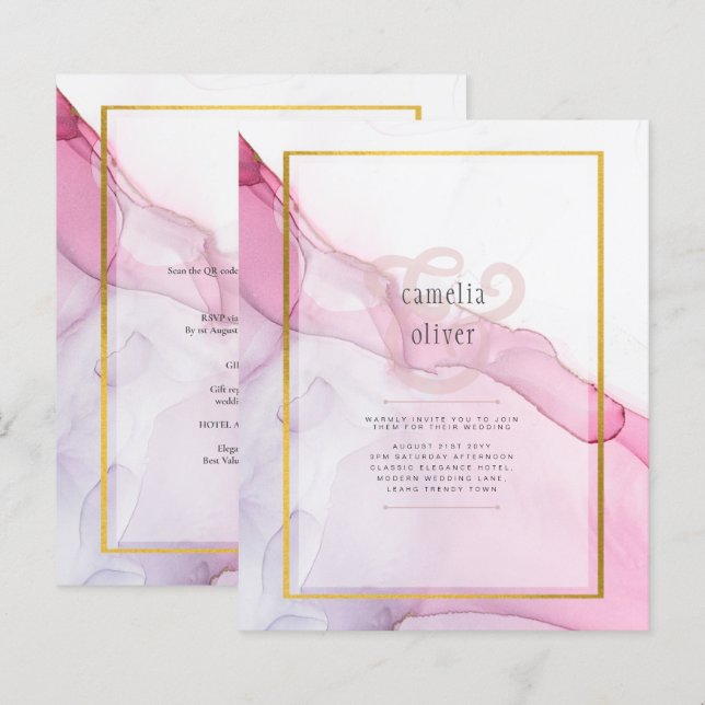 LeahG ROSA Lila Bläck Abstrakt Wedding INVITE (Fram/baksida)