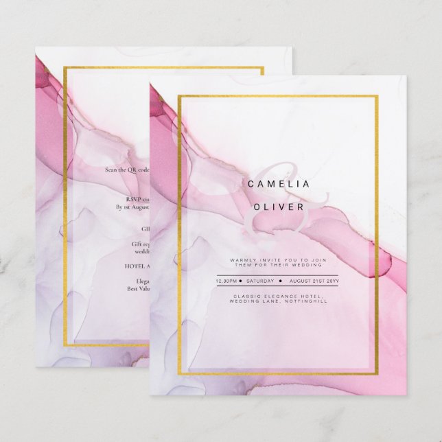 LeahG ROSA Lila Bläck Abstrakt Wedding INVITE (Fram/baksida)