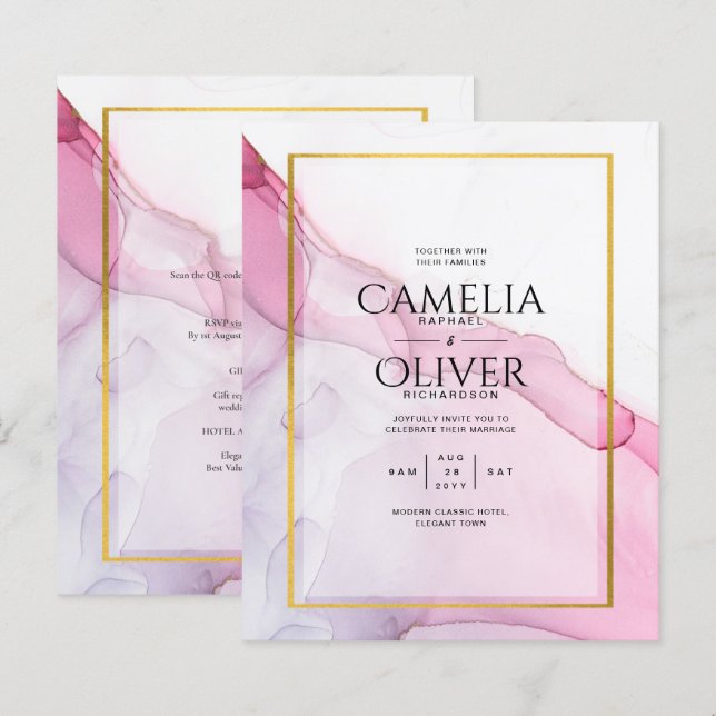 LeahG ROSA Lila Bläck Abstrakt Wedding INVITE (Fram/baksida)