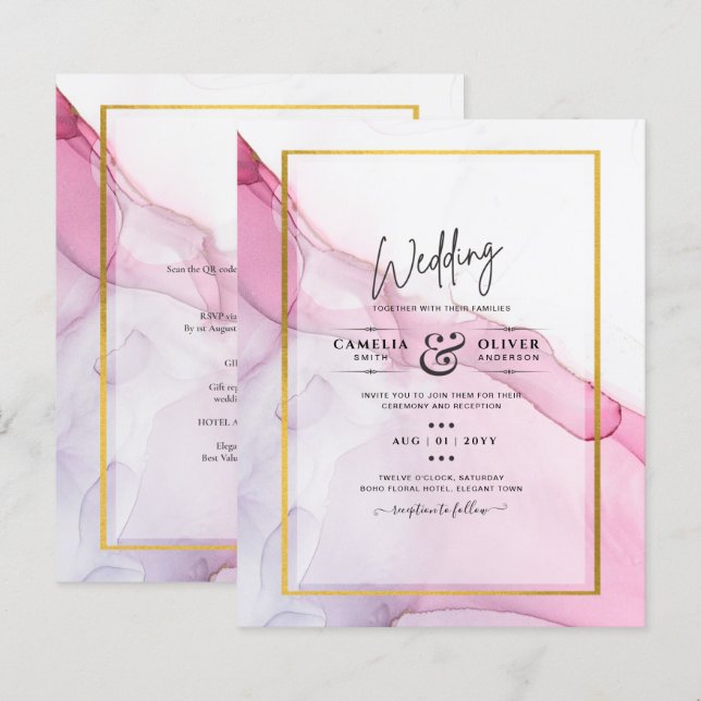 LeahG ROSA Lila Bläck Abstrakt Wedding INVITE (Fram/baksida)