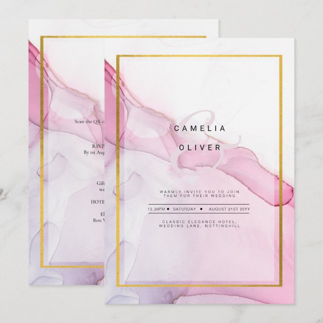 LeahG ROSA Lila Bläck Abstrakt Wedding INVITE Inbjudningar (Fram/baksida)