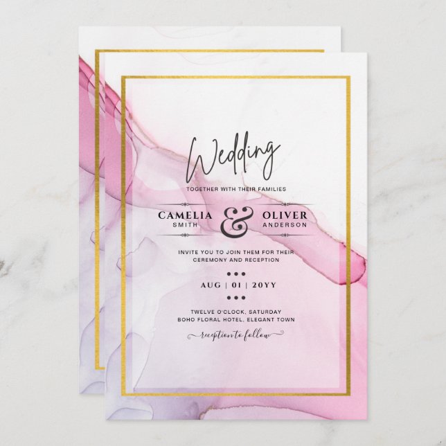 LeahG ROSA Lila Bläck Abstrakt Wedding INVITE Inbjudningar (Fram/baksida)