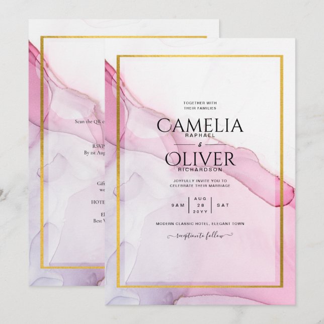 LeahG ROSA Lila Bläck Abstrakt Wedding INVITE Inbjudningar (Fram/baksida)