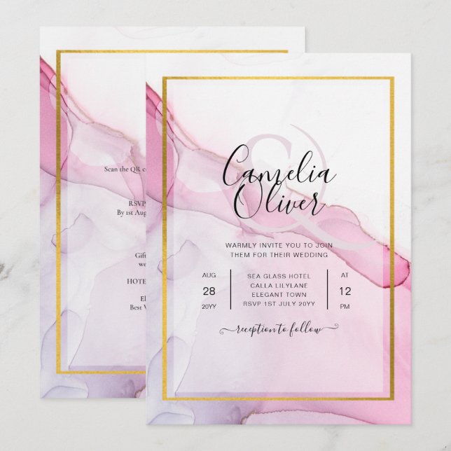 LeahG ROSA Lila Bläck Abstrakt Wedding INVITE Inbjudningar (Fram/baksida)